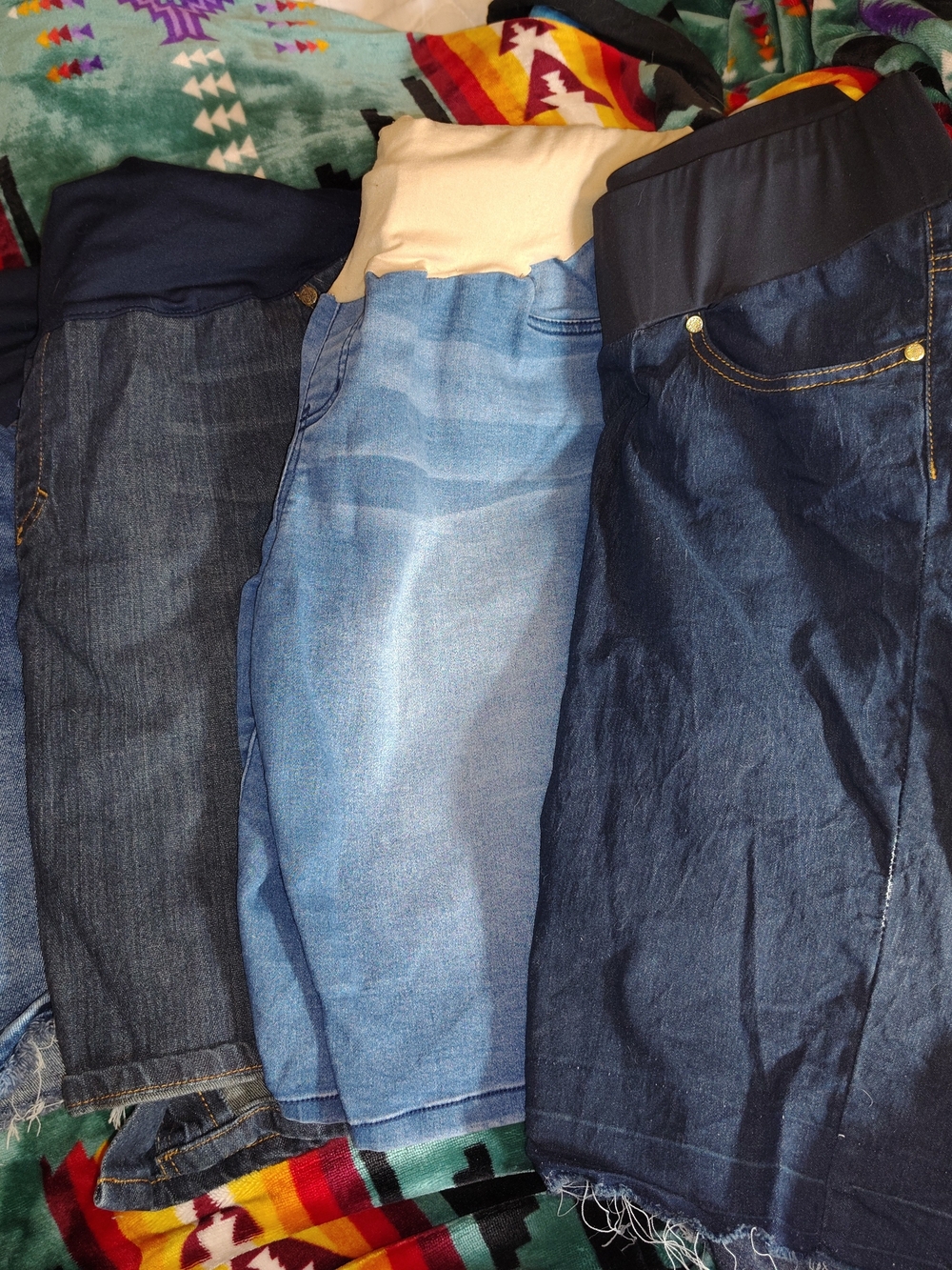 Maternity Denim Shorts (3)/ Skirt (1) - Dark Blue, Medium Blue, Black-Blue